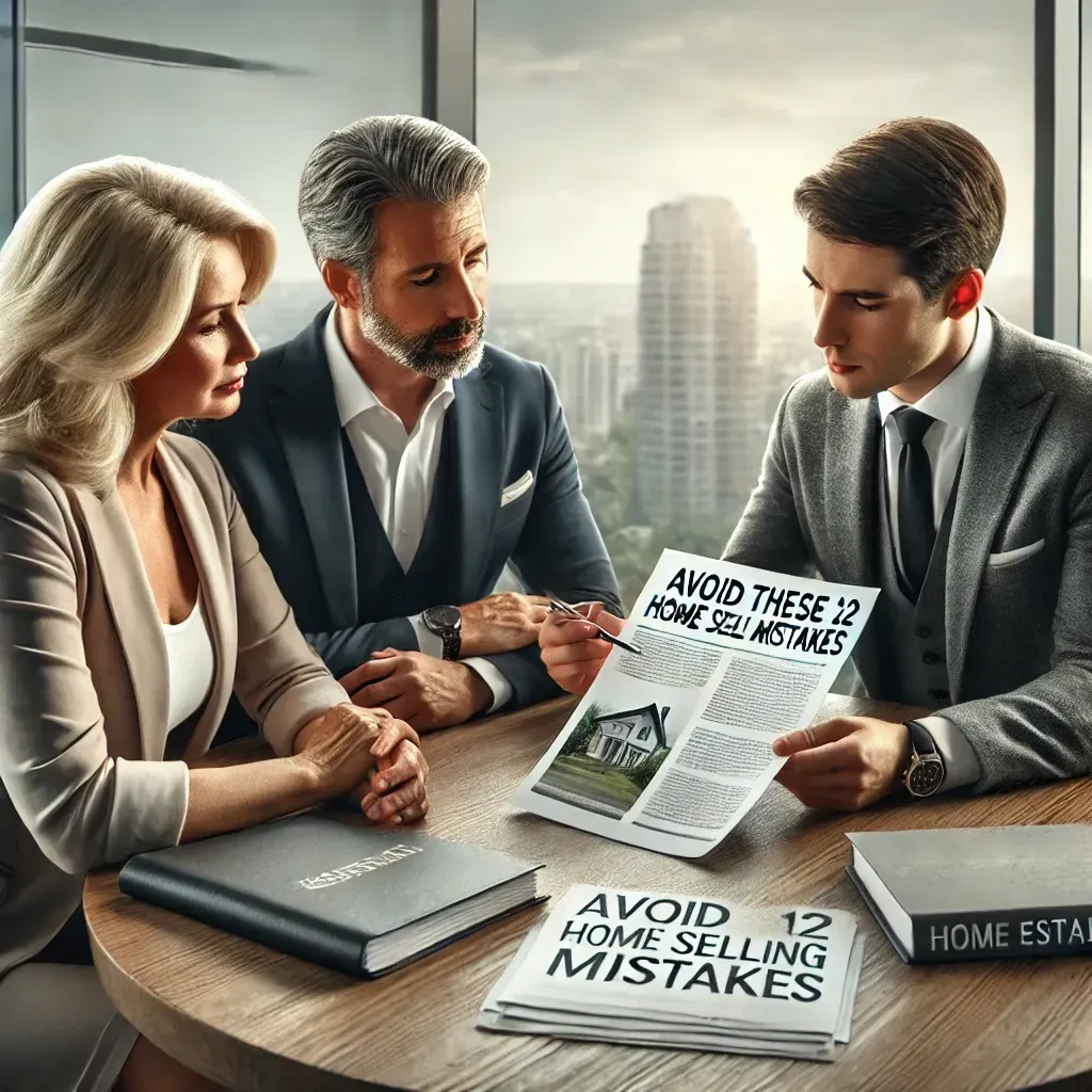 **Alt Text:** A real estate agent sits at a modern office table with a home-selling couple, reviewing a document titled **"Avoid These 12 Home Selling Mistakes."** The couple looks engaged and thoughtful as they discuss key points. The office is well-lit, featuring real estate brochures, a notepad, and a pen on the table. A large window in the background showcases a cityscape view, creating a professional and inviting atmosphere.