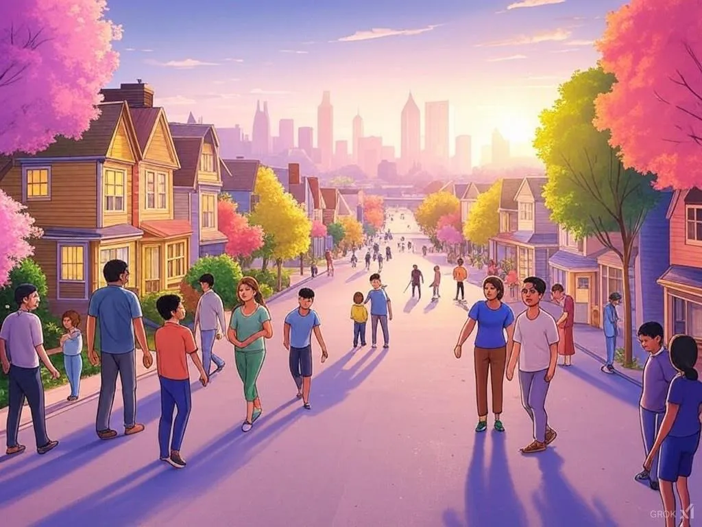 A cartoon image of a suburban area with the downtown Atlanta Skyline in the background