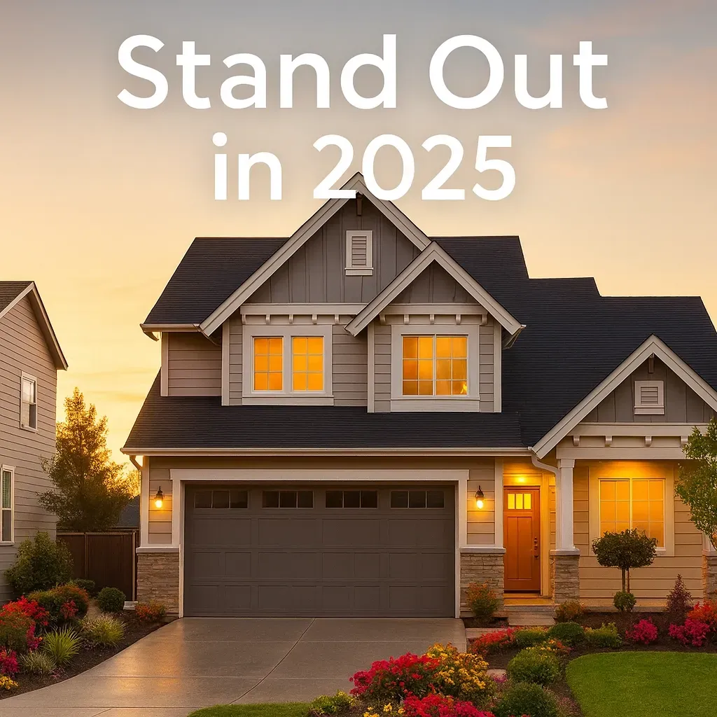 Bright, inviting staged North Metro Atlanta home with “Stand Out in 2025” overlay, modern style, no people.