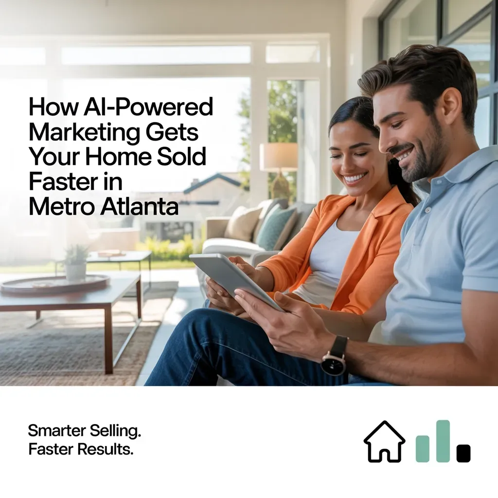 Picture of a couple on a couch looking at a computer tablet with graphics How Al-Powered Marketing Gets Your Home Sold Faster in Metro