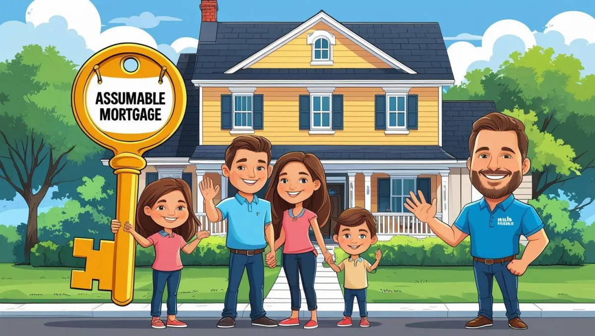 Cartoon-style illustration featuring a happy family standing in front of a home with a big, golden key and a banner that reads “Assumable Mortgage.” In the background, show a smiling real estate agent (with Team Haigh Realty blue and white branding) waving. Include subtle Marietta or North Metro Atlanta landmarks for local flavor. The vibe should be fun, friendly, and optimistic!