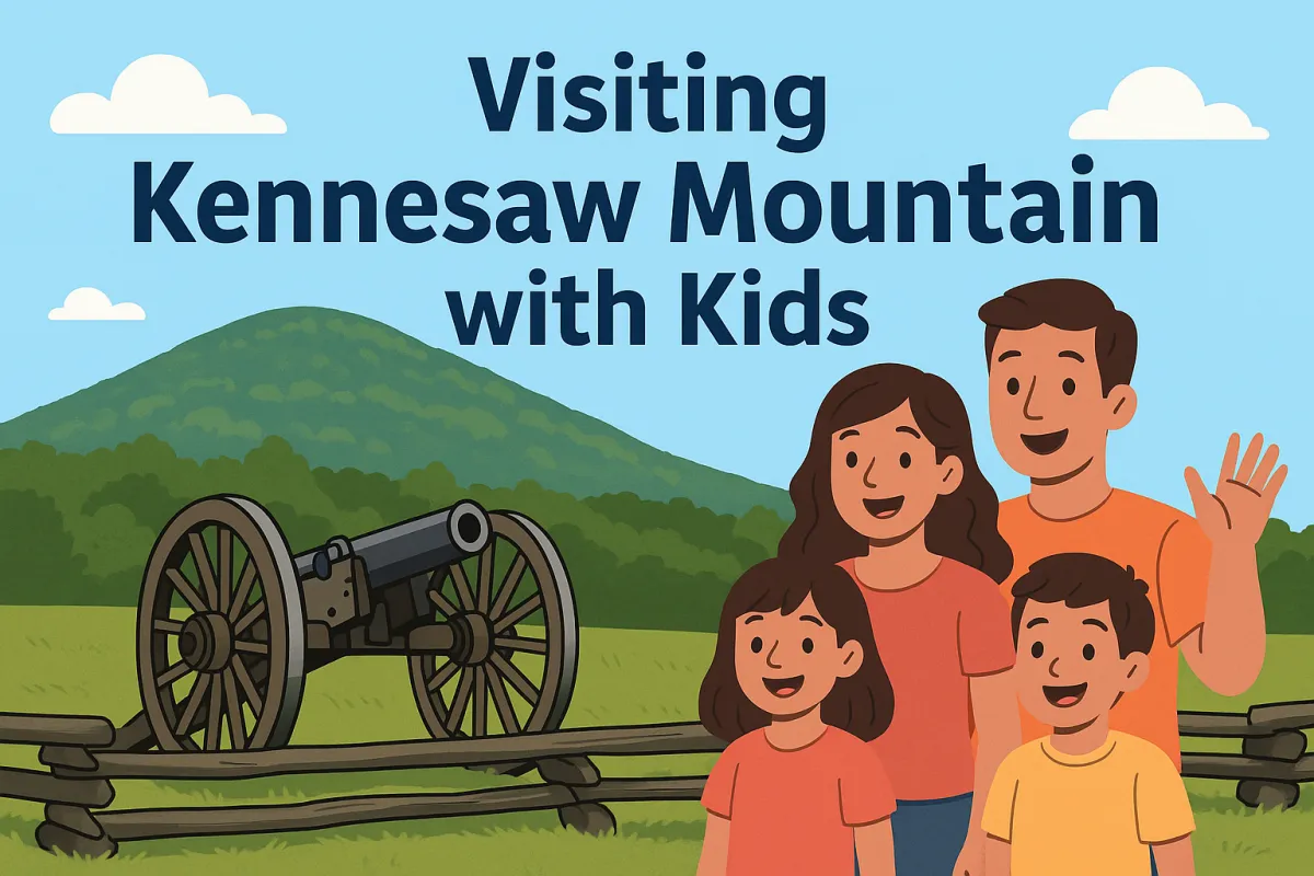 image of a family with kids at kennesaw mountain national battlefield with a canon and mountain in the background