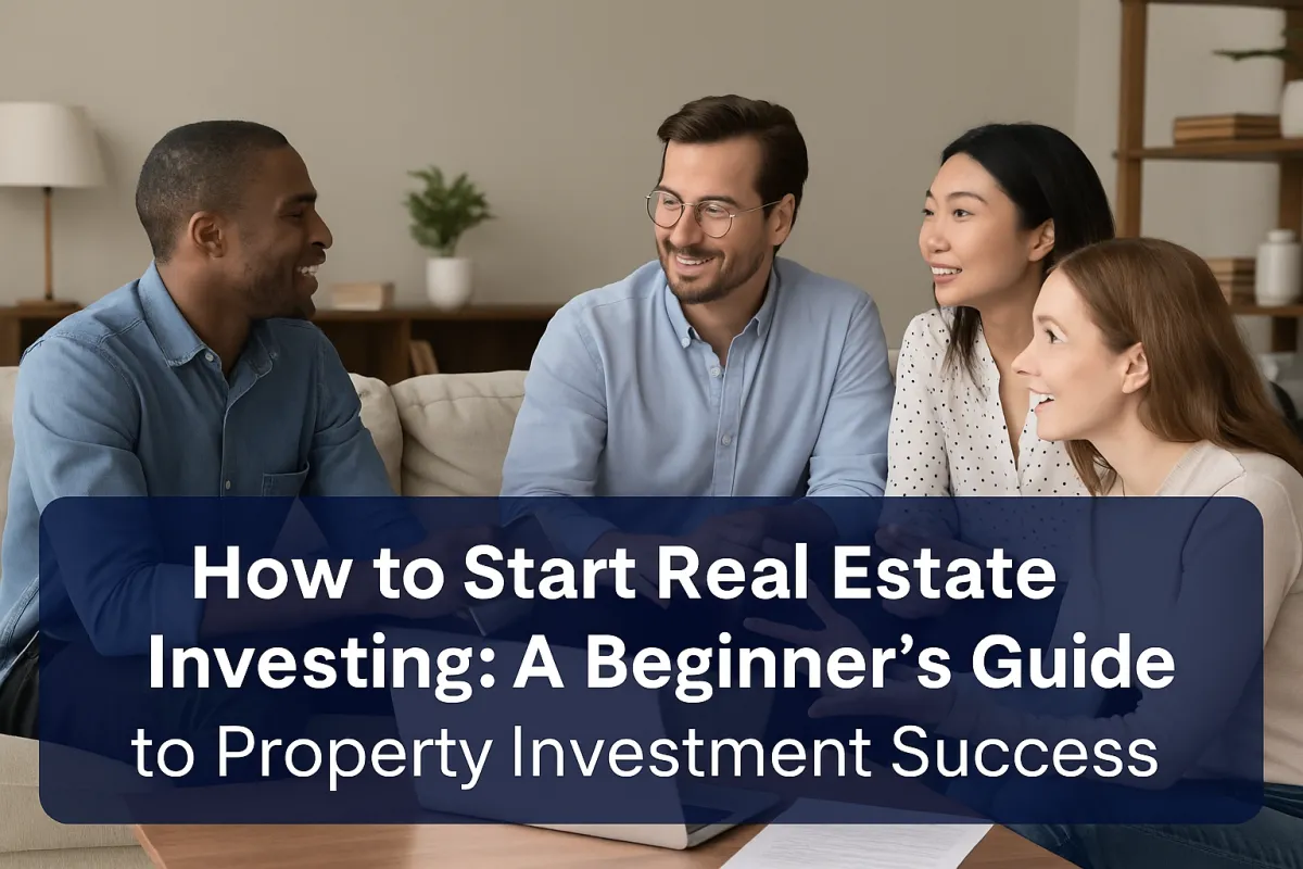 Diverse group of beginner real estate investors discussing strategies in a cozy living room