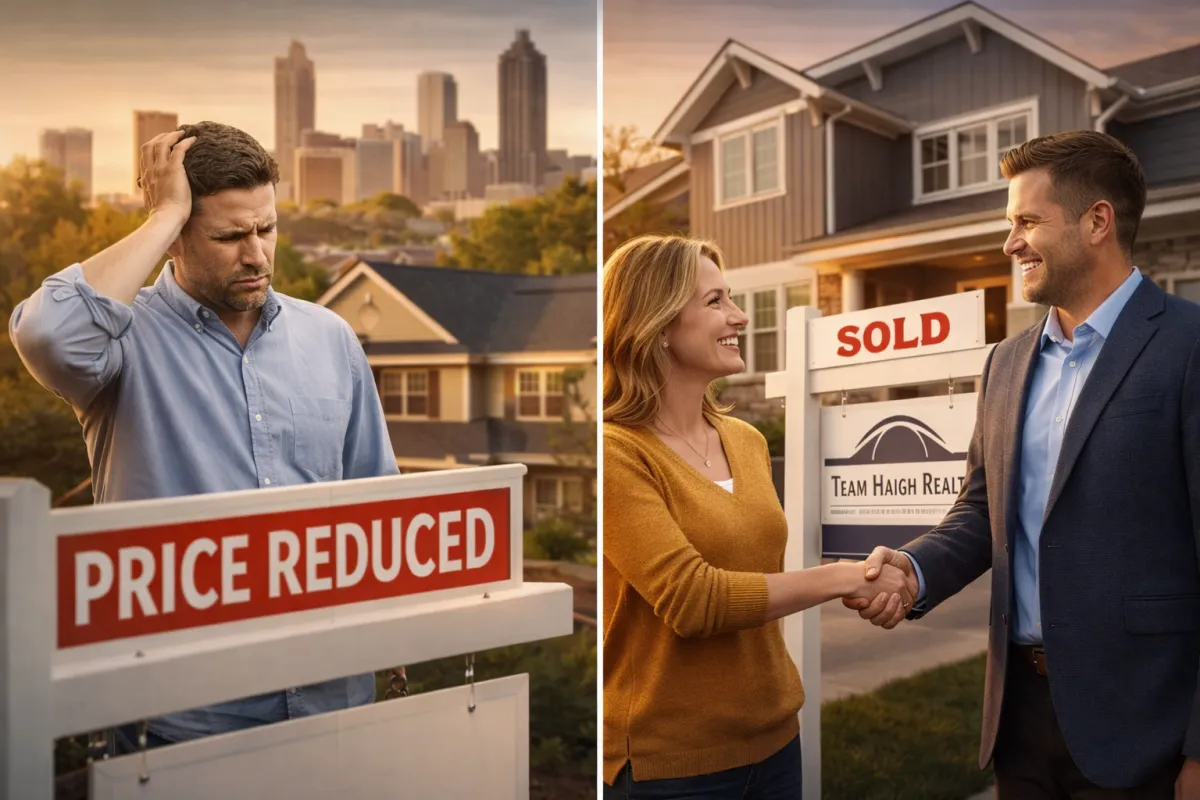 image of frustrated seller is a price reduction on the left and a seller on the right with a sold sign