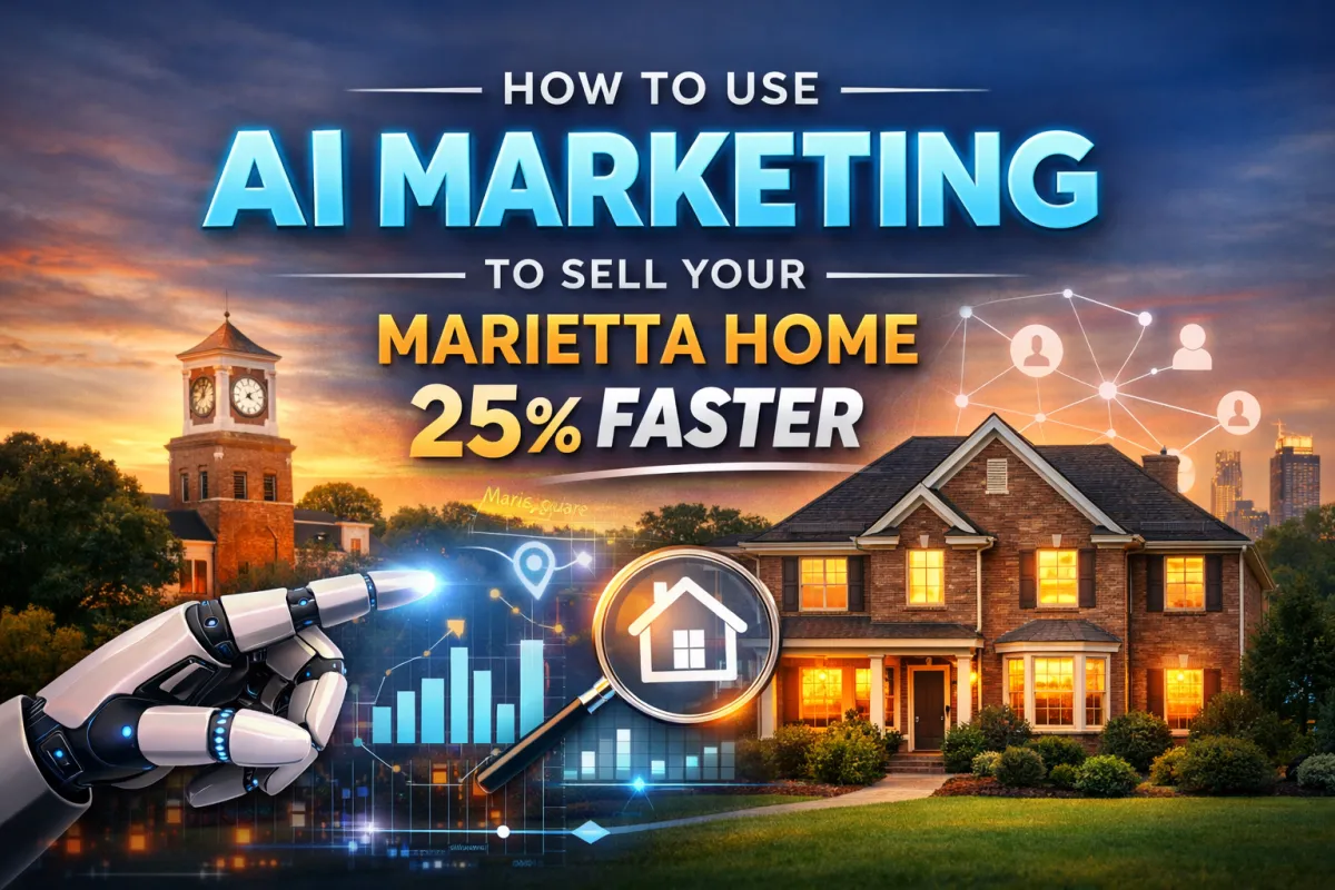 AI-powered real estate marketing concept showing a Marietta, Georgia brick home at sunset with digital analytics, buyer targeting graphics, and smart technology illustrating how artificial intelligence helps sell homes faster in the Marietta real estate market.