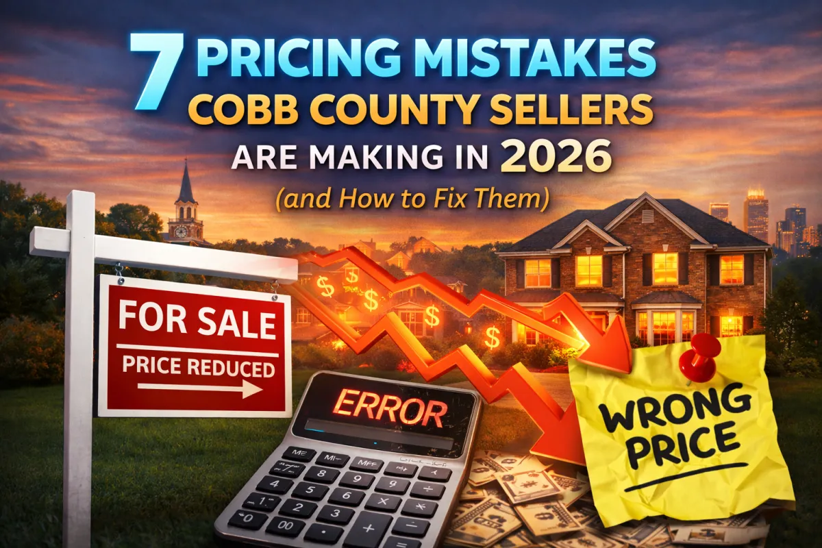 llustration showing common home pricing mistakes in Cobb County, Georgia, with a for-sale sign marked price reduced, a downward pricing graph, calculator error, and a suburban brick home representing how incorrect pricing impacts sellers in the 2026 Cobb County real estate market.