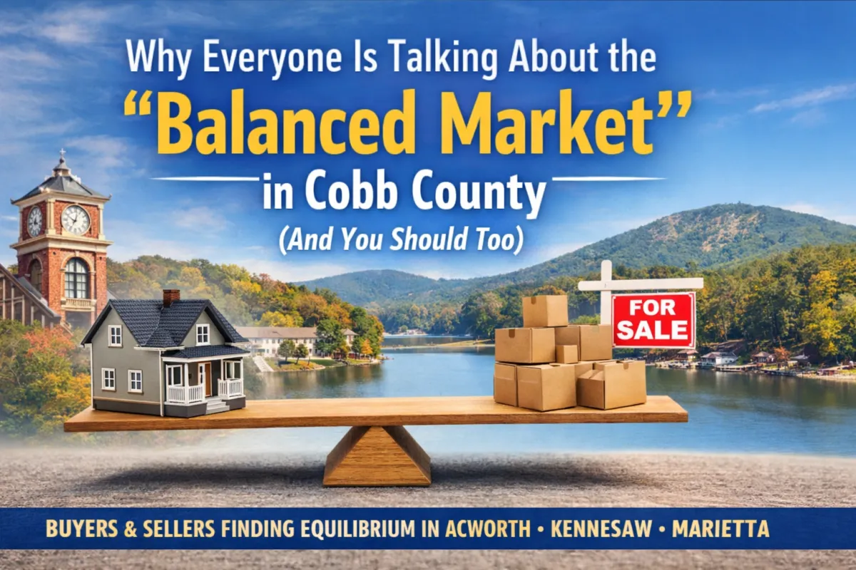 Balanced real estate market illustration in Cobb County, Georgia showing a seesaw with a home on one side and moving boxes with a “For Sale” sign on the other, symbolizing equal power between buyers and sellers. Background features North Metro Atlanta scenery near Acworth, Kennesaw, and Marietta, representing stabilizing housing inventory, pricing balance, and improved opportunities for both home buyers and home sellers in Cobb County.