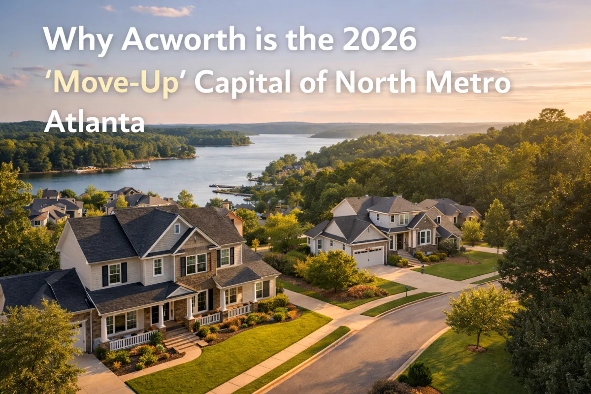  Suburban homes in Acworth, Georgia overlooking Lake Allatoona, highlighting spacious neighborhoods and lifestyle appeal for move-up buyers in North Metro Atlanta in 2026.