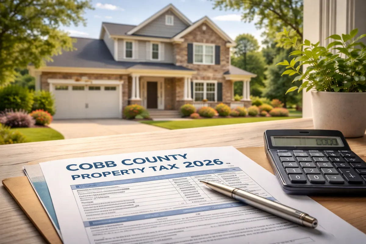 2026 Cobb County property tax bill with calculator and pen on a table overlooking a modern suburban home in Marietta, Georgia, representing a property tax guide for new homeowners and homestead exemptions.