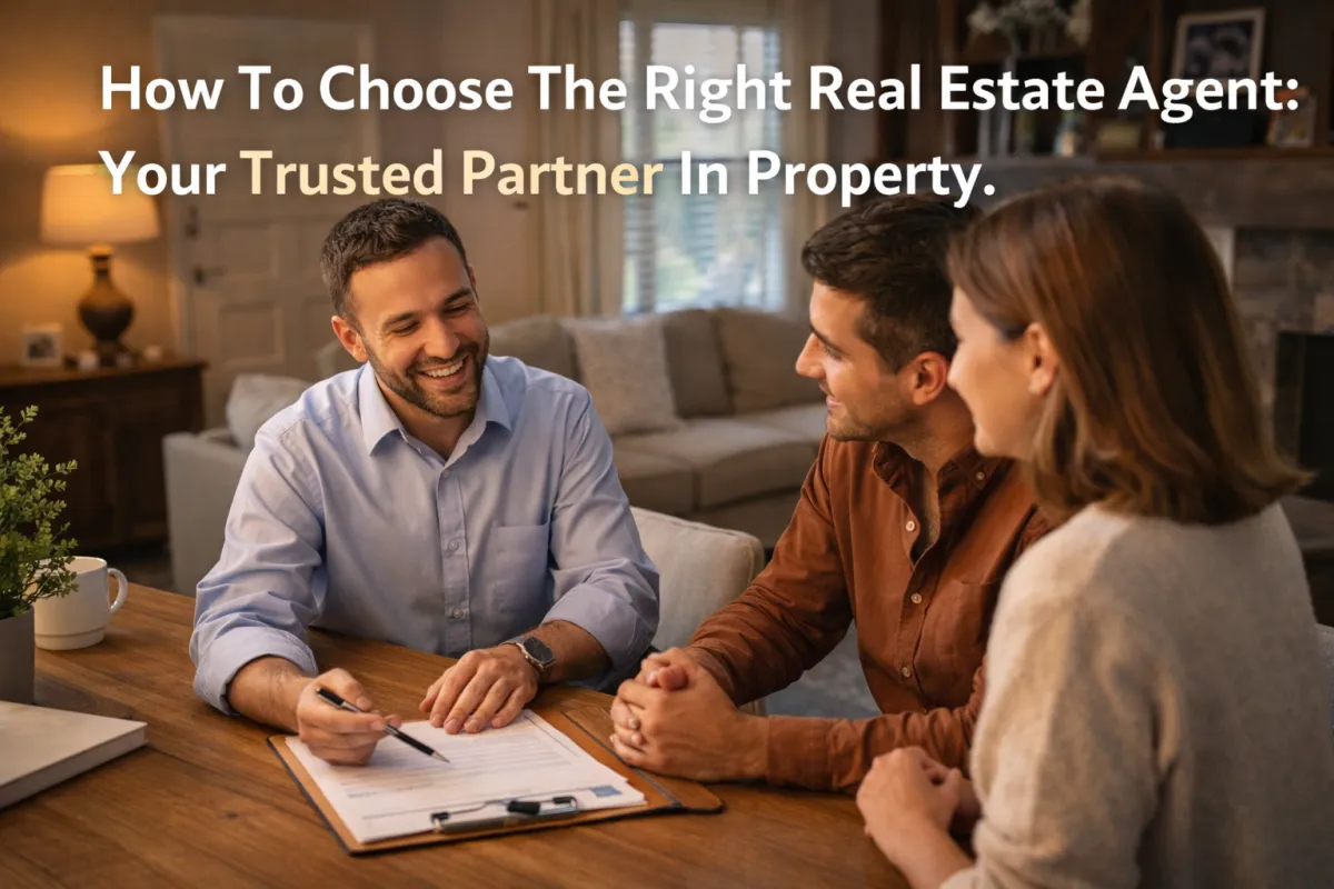 Friendly real estate agent assisting a couple in a cozy home setting