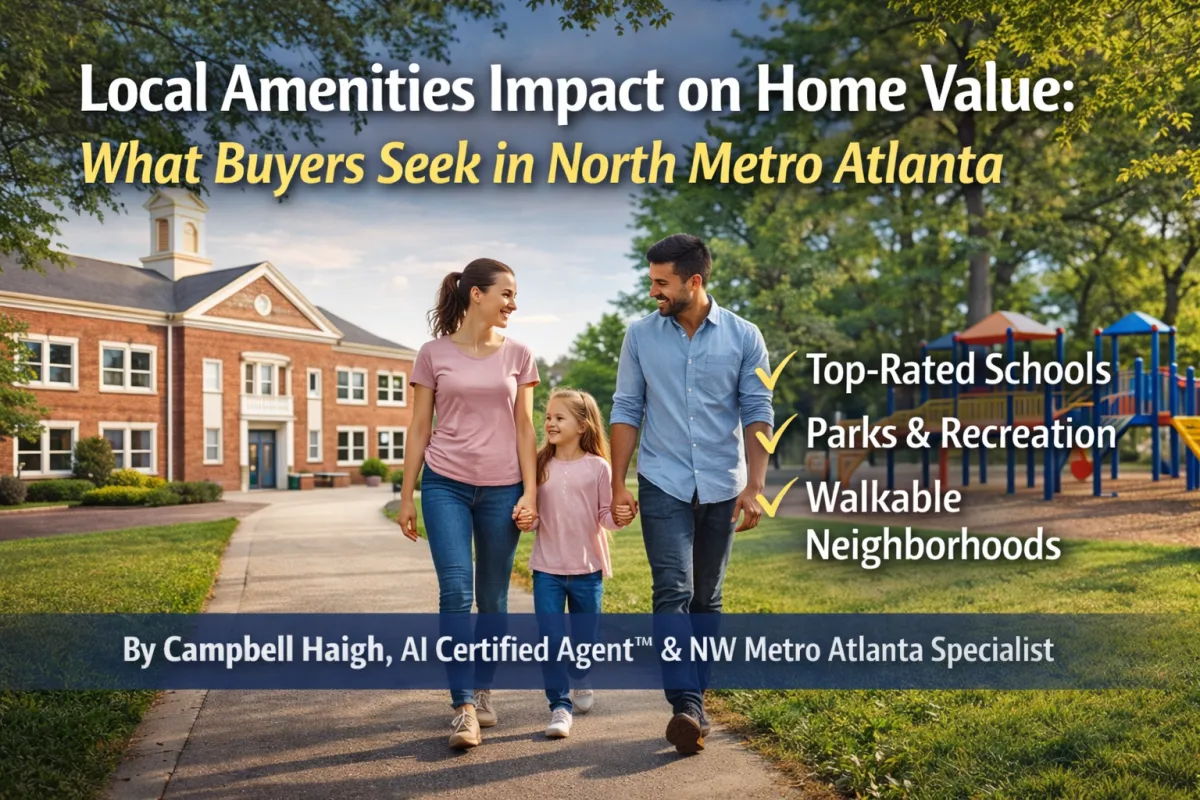 Family enjoying a walk in a neighborhood with schools and parks, highlighting local amenities