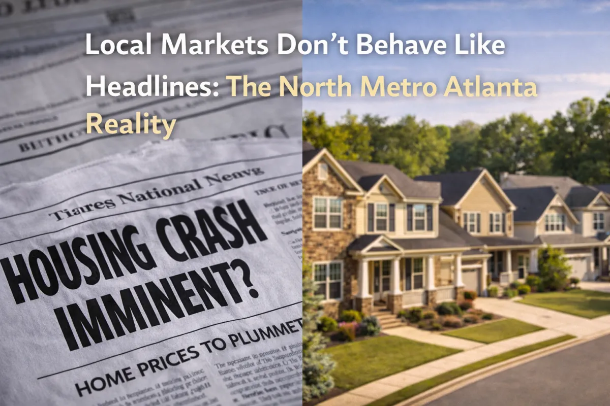 Blurred national real estate headlines about a housing crash contrasted with clear suburban homes in North Metro Atlanta, illustrating how local housing markets differ from national media narratives.