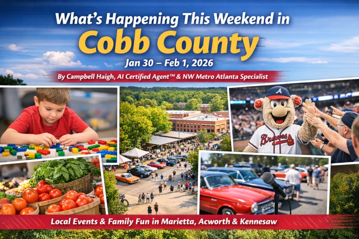 Weekend events in Cobb County Georgia including family-friendly activities in Marietta, Acworth, and Kennesaw such as farmers markets, kids activities, live entertainment, car shows, and local community events happening January 30 through February 1, 2026.