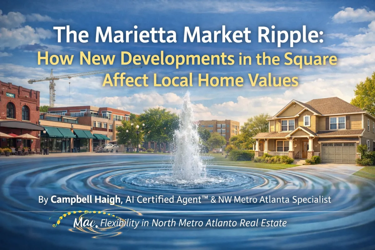 Marietta Square real estate cover image showing a downtown fountain with visible water ripples in the foreground, symbolizing the “market ripple effect.” In the background are historic brick storefronts, new mixed-use development, and a modern single-family home, representing how new construction and revitalization projects impact local home values in Marietta, Cobb County, and surrounding NW Metro Atlanta communities like Acworth and Kennesaw.