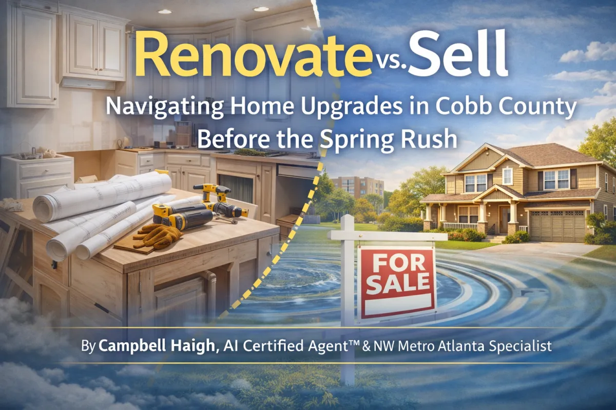 Split-image real estate cover graphic for Cobb County showing a home renovation scene on the left with kitchen cabinets, blueprints, and tools, and a move-in-ready suburban home with a “For Sale” sign on the right. The image represents the decision to renovate or sell before the Spring 2026 real estate rush in Acworth, Marietta, Kennesaw, and surrounding North Metro Atlanta communities.