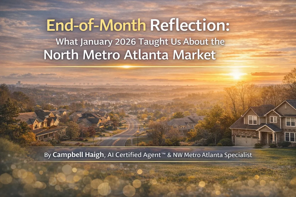Panoramic sunrise view over a North Metro Atlanta suburban neighborhood with tree-lined streets and well-maintained homes, symbolizing a calm and stable January 2026 real estate market. Warm golden light stretches across rooftops in areas like Acworth, Marietta, and Kennesaw, reflecting market clarity, steady home values, and thoughtful end-of-month real estate reflection in Cobb County.