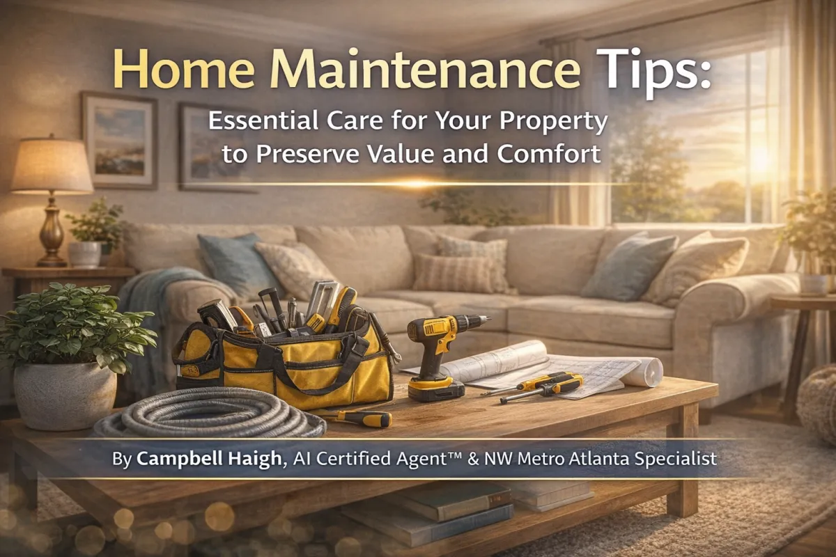 Cozy living room interior in North Metro Atlanta featuring a sofa, warm natural light, and a coffee table with home maintenance tools like a drill, tool bag, and blueprints. The image represents essential home maintenance tips for Cobb County homeowners focused on preserving property value, preventing costly repairs, and maintaining comfort in communities like Acworth, Marietta, and Kennesaw.