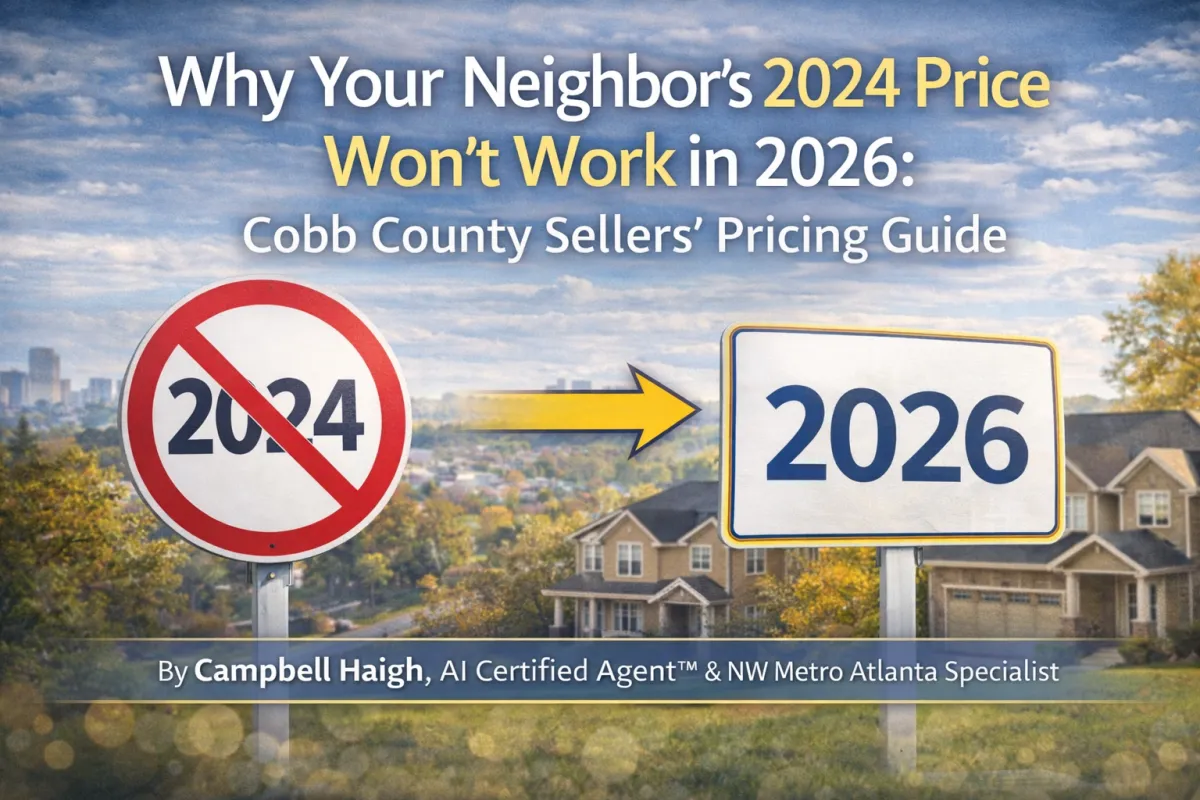 Cobb County real estate cover image showing a suburban Marietta neighborhood with two yard signs labeled “2024” and “2026,” connected by an arrow to illustrate changing home prices. The graphic represents shifting market conditions in Acworth, Marietta, and Kennesaw, highlighting why 2024 home sale prices do not reflect 2026 market values and the importance of accurate pricing strategy for sellers.