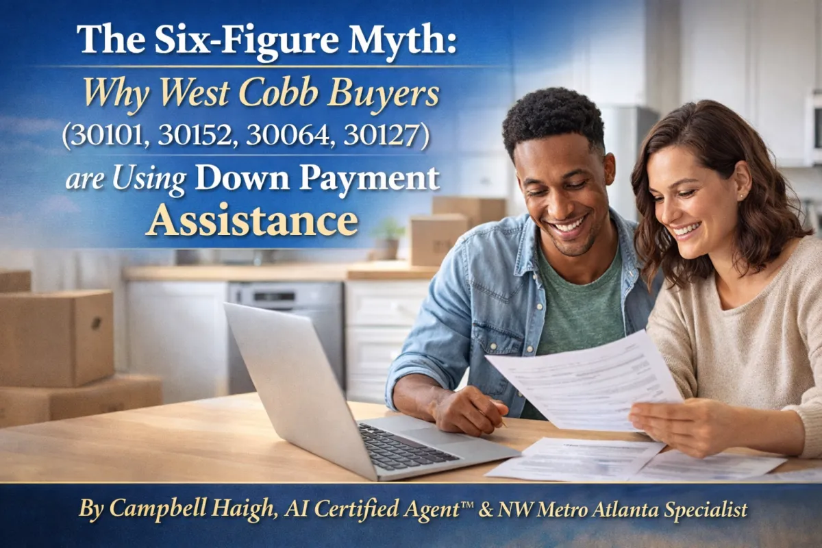 Young professional couple sitting at a kitchen table in a bright West Cobb home reviewing mortgage paperwork and laptop, with moving boxes in the background, representing six-figure earners in Acworth, Marietta, Kennesaw, and Powder Springs using down payment assistance programs in 2026.