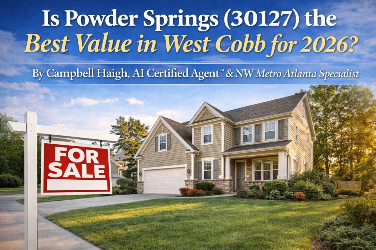 Well-maintained single-family home in Powder Springs 30127 with a two-car garage, landscaped yard, and “For Sale” sign in front, representing affordable West Cobb real estate and strong buyer value opportunities in 2026.