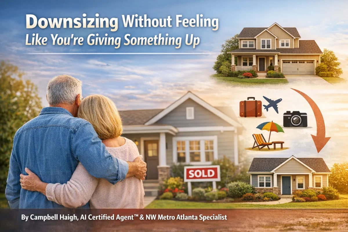 Downsizing in Cobb County concept image showing a couple embracing in front of a sold sign as they transition from a large two-story family home to a smaller ranch-style house, symbolizing trading space and maintenance for freedom, financial equity, and a simpler lifestyle in Northwest Metro Atlanta.