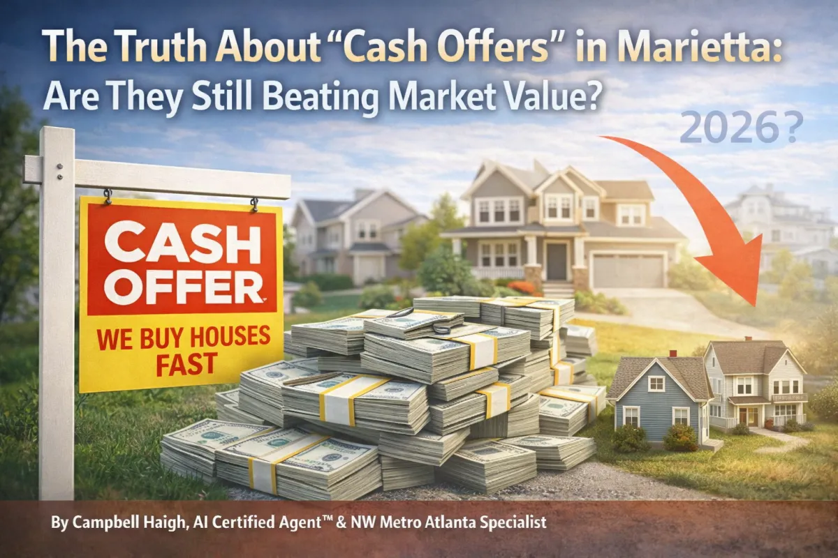 Cash offer yard sign reading “We Buy Houses Fast” in front of a Marietta home with stacks of cash and neighborhood houses in the background, illustrating the question of whether cash home buyers in Cobb County are still paying full market value in 2026.