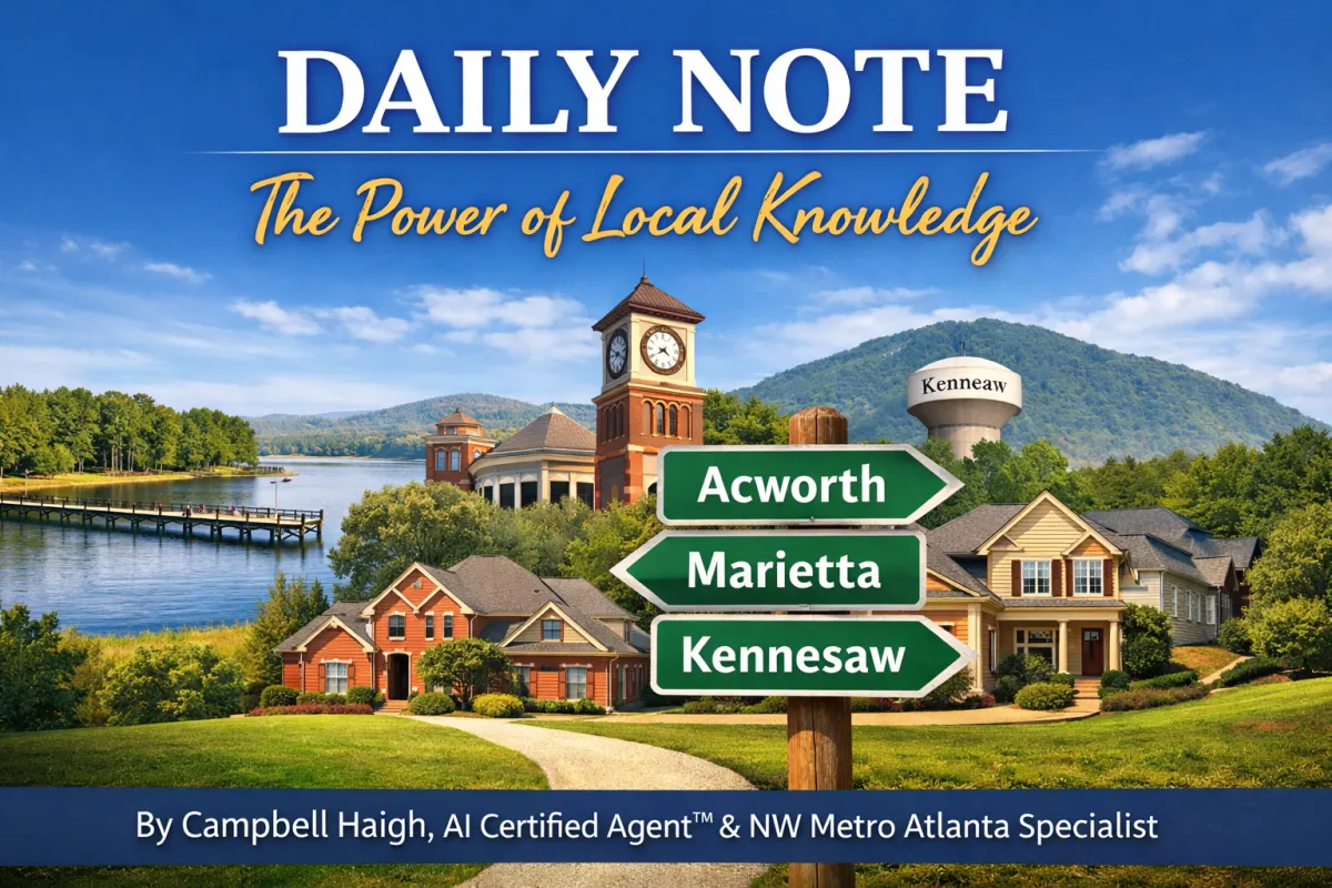 Here is your SEO-rich alt image text: **Alt Image Text:** Cover image for “Daily Note: The Power of Local Knowledge” featuring Acworth, Marietta Square clock tower, and Kennesaw Mountain with directional signpost, highlighting West Cobb real estate expertise in zip codes 30101, 30152, and 30064.