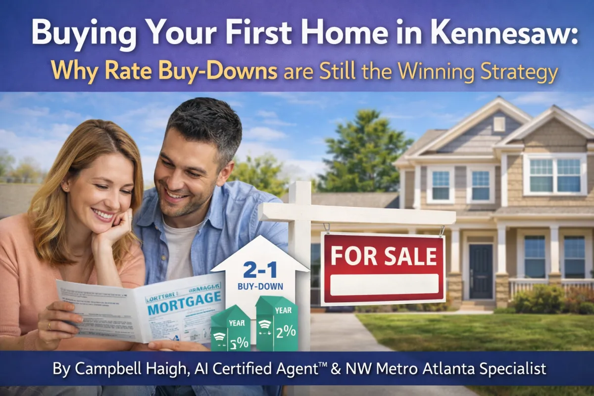 **Alt Image Text:** Cover image for “Buying Your First Home in Kennesaw: Why Rate Buy-Downs Are Still the Winning Strategy” showing a young couple reviewing mortgage paperwork in front of a Kennesaw starter home with a “For Sale” sign and 2-1 rate buy-down graphic, highlighting first-time home buyer strategies in Cobb County 2026.