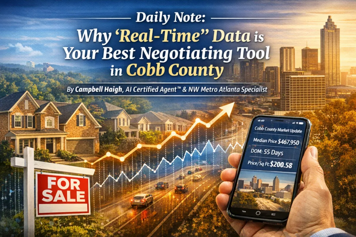 Cover image for Daily Note blog post about real-time real estate data in Cobb County, Georgia, featuring suburban homes, a “For Sale” sign, Atlanta skyline, and a smartphone displaying live market stats including median price $467,950, 55 days on market, and $200.58 price per square foot.
