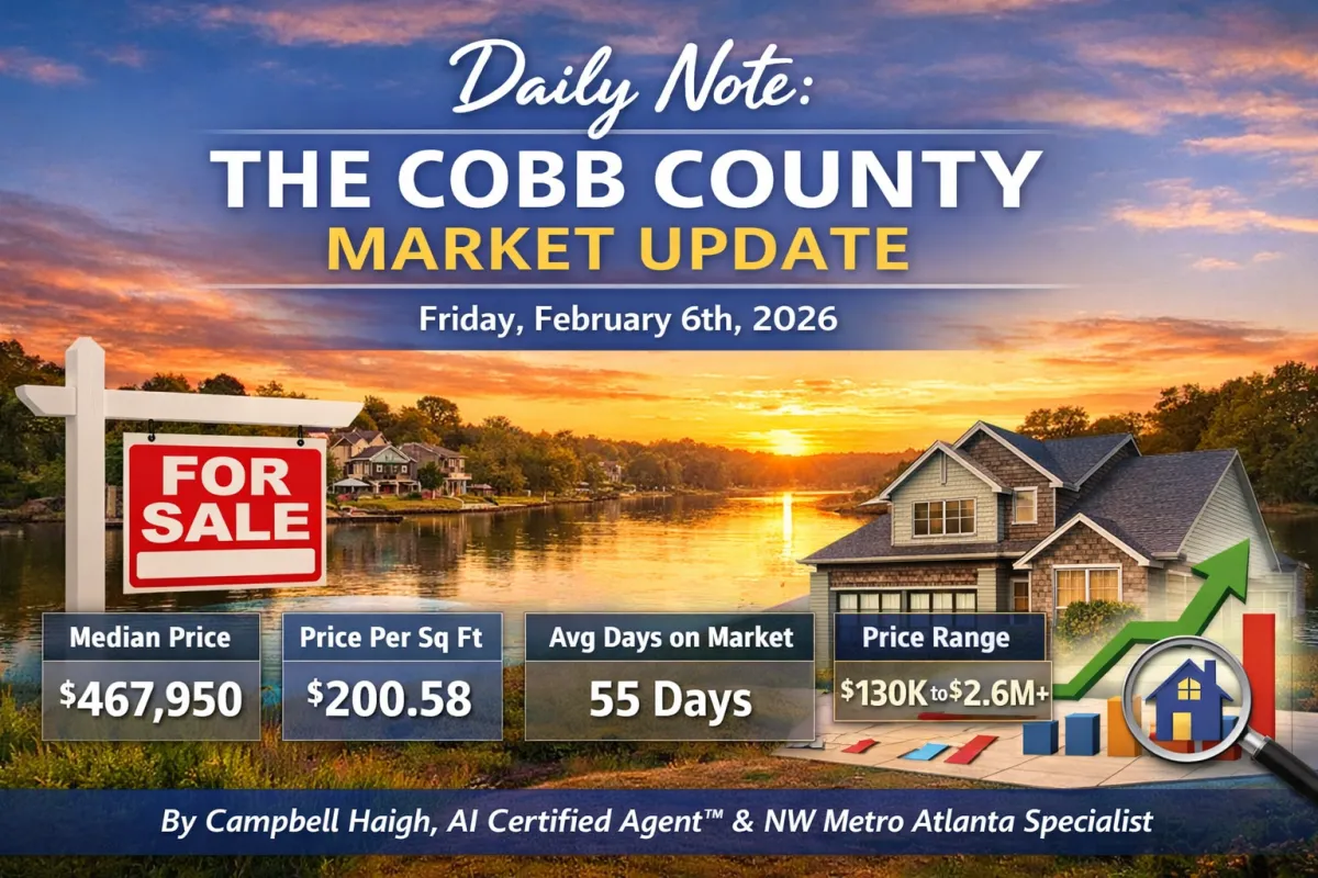 Here is your SEO-optimized alt image text:  **Alt Image Text:** Cobb County real estate market update February 6 2026 showing median home price $467,950, average 55 days on market, and $200 price per square foot with sunrise over Lake Acworth and homes in Marietta and Kennesaw Georgia.