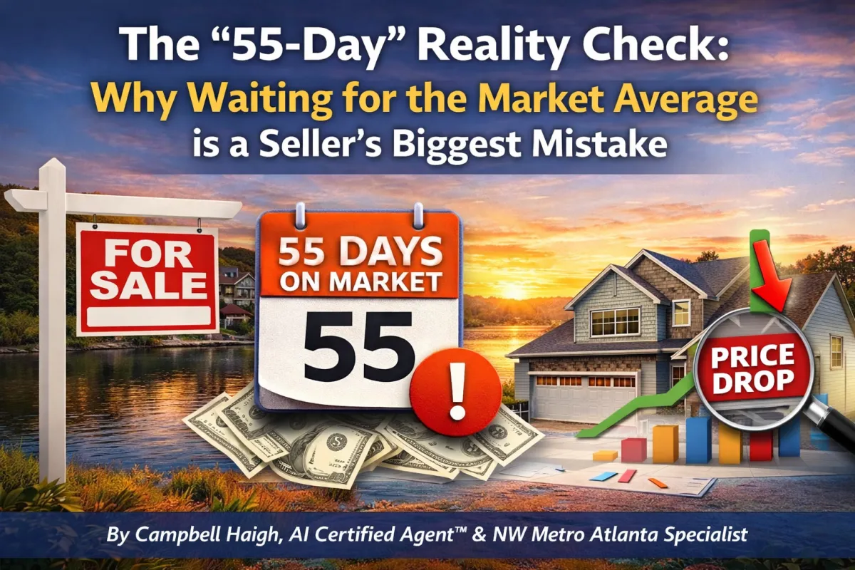 Cobb County home for sale graphic showing “55 days on market” calendar, price drop symbol, and suburban home in Marietta area illustrating why waiting for average days on market can cost sellers money in 2026 real estate market.