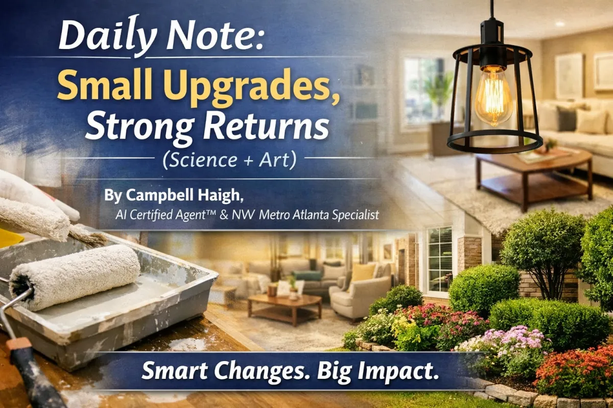 Collage-style cover image showing a paint roller and tray, modern pendant light, staged living room, and freshly landscaped front yard, illustrating small home upgrades like paint, lighting, and curb appeal that create strong returns for sellers in Cobb County.