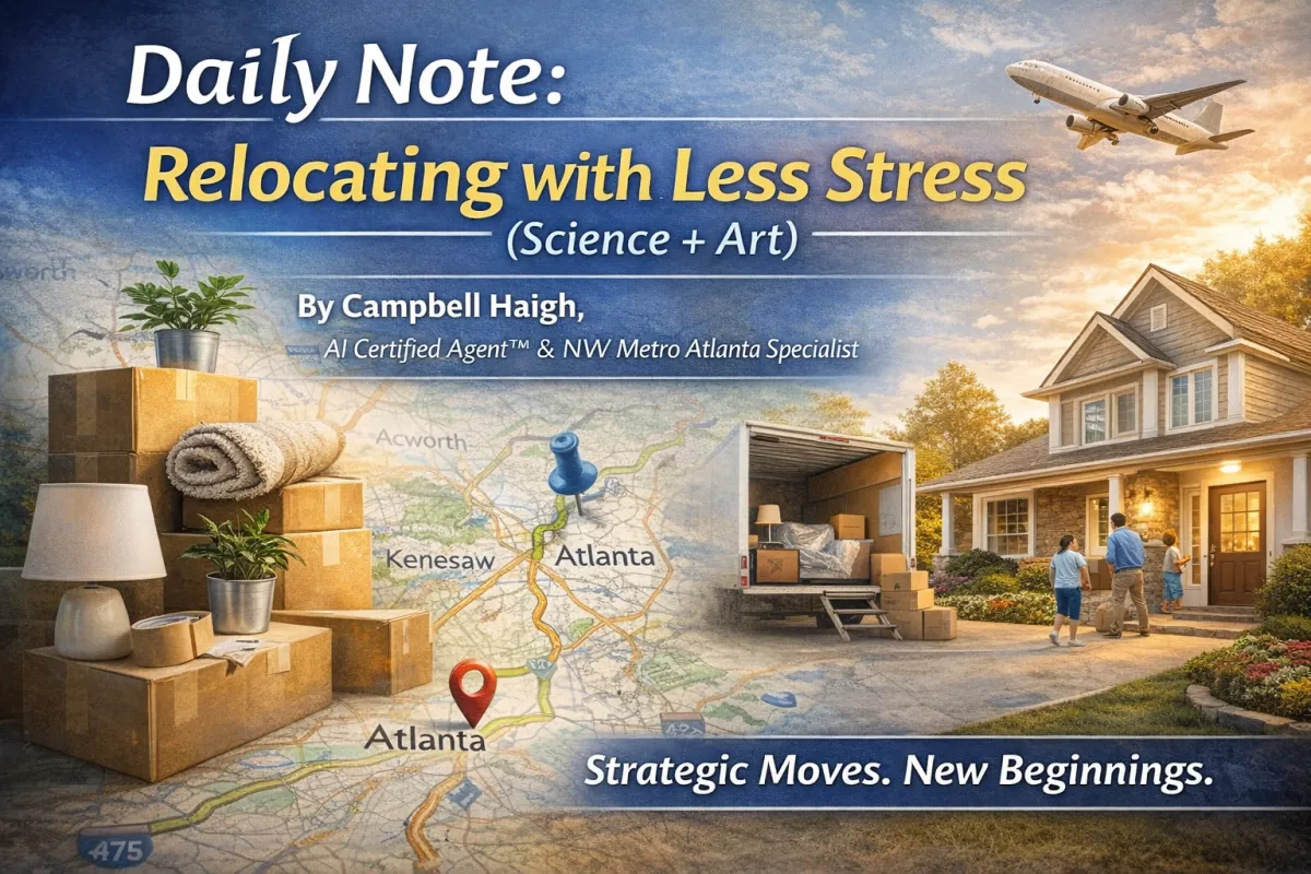 Moving boxes, a map highlighting Acworth, Kennesaw, and Atlanta, and a family arriving at a suburban North Metro Atlanta home at sunset, representing a smooth and strategic relocation with less stress.