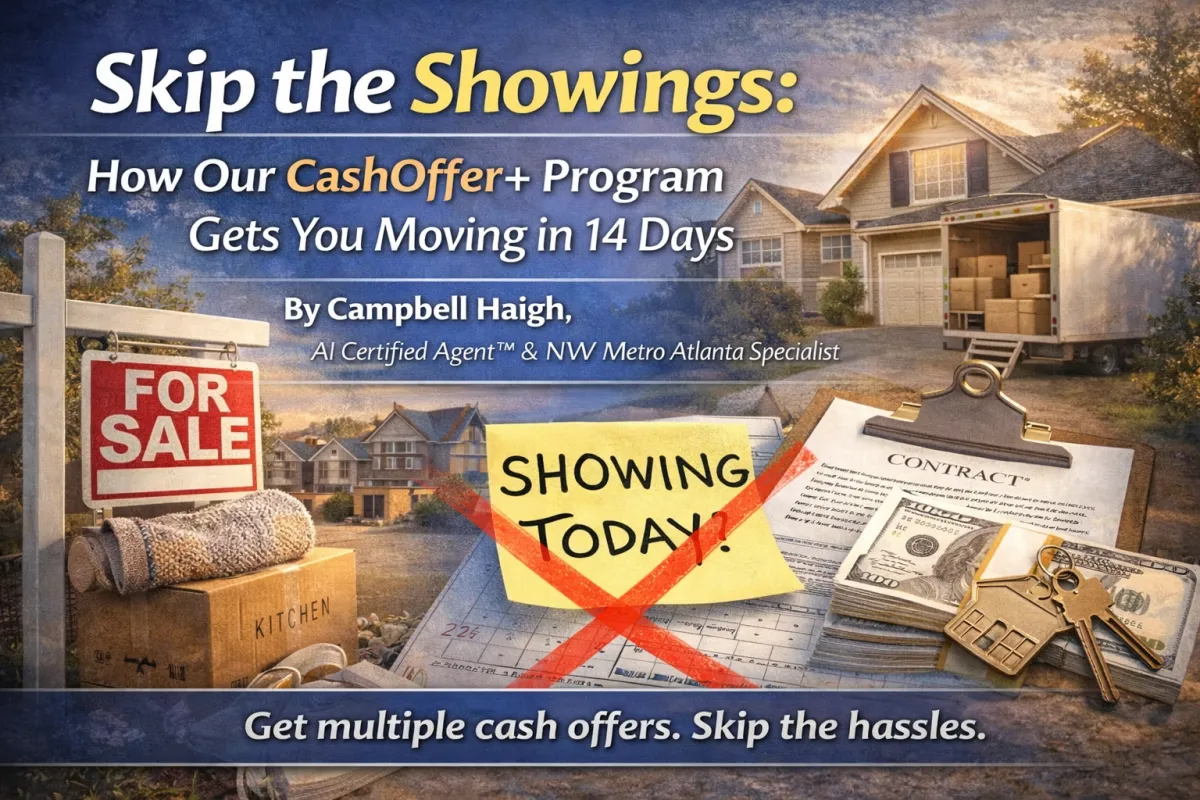 For sale sign, moving boxes, and a home with a moving truck in the driveway alongside cash, keys, and a contract, symbolizing a fast 14-day cash home sale with no showings required.