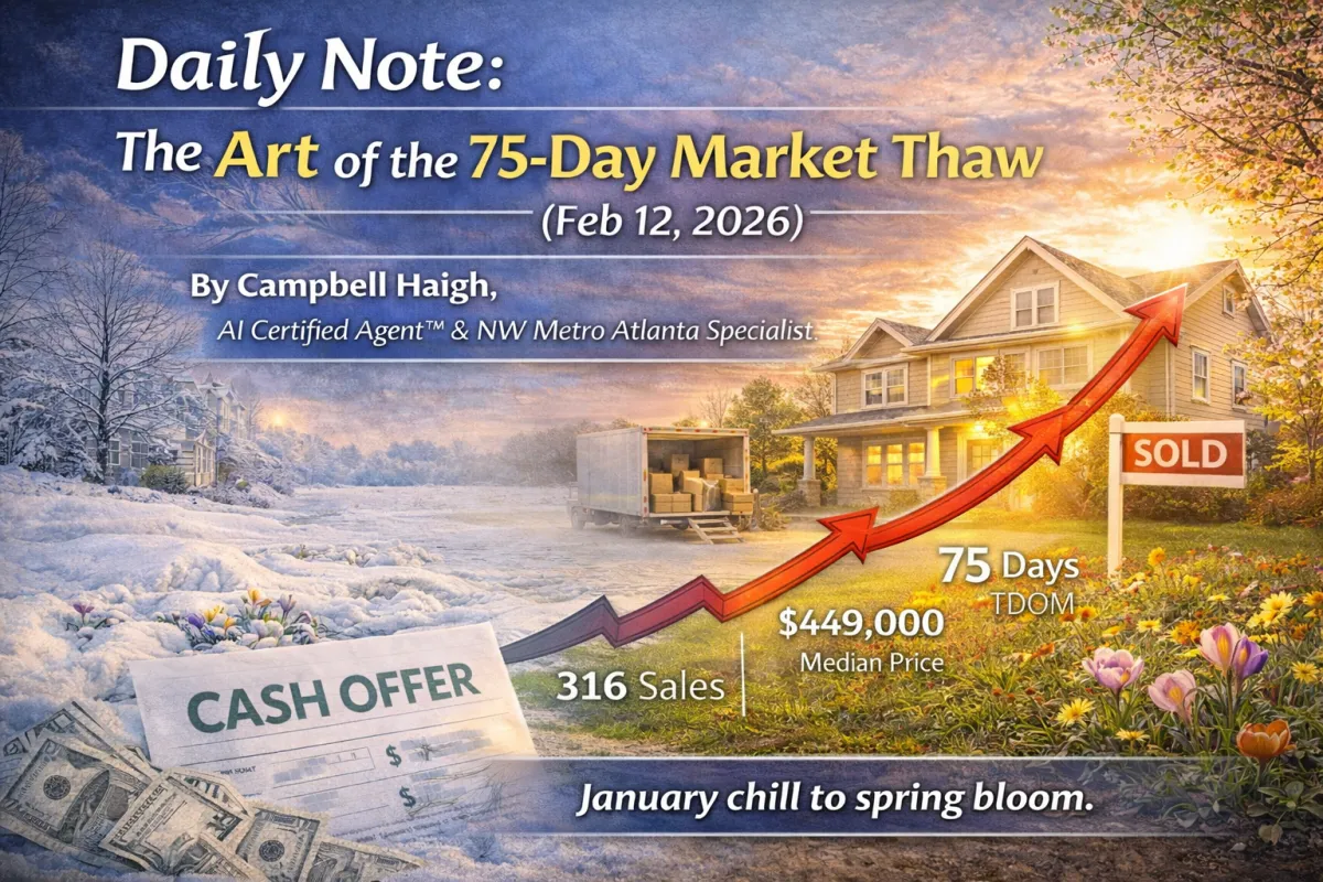 Split winter-to-spring scene showing a snow-covered neighborhood transitioning to a blooming yard with a sold sign and upward market arrow, highlighting 75 days on market and seasonal market thaw in Cobb County real estate.