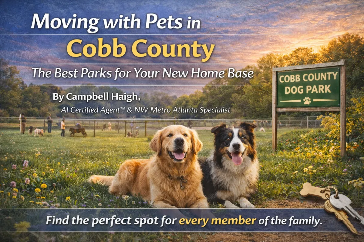 Two happy dogs sitting in a grassy Cobb County dog park at sunset with a fenced play area and park sign in the background, highlighting pet-friendly green spaces in Acworth, Marietta, and Kennesaw.