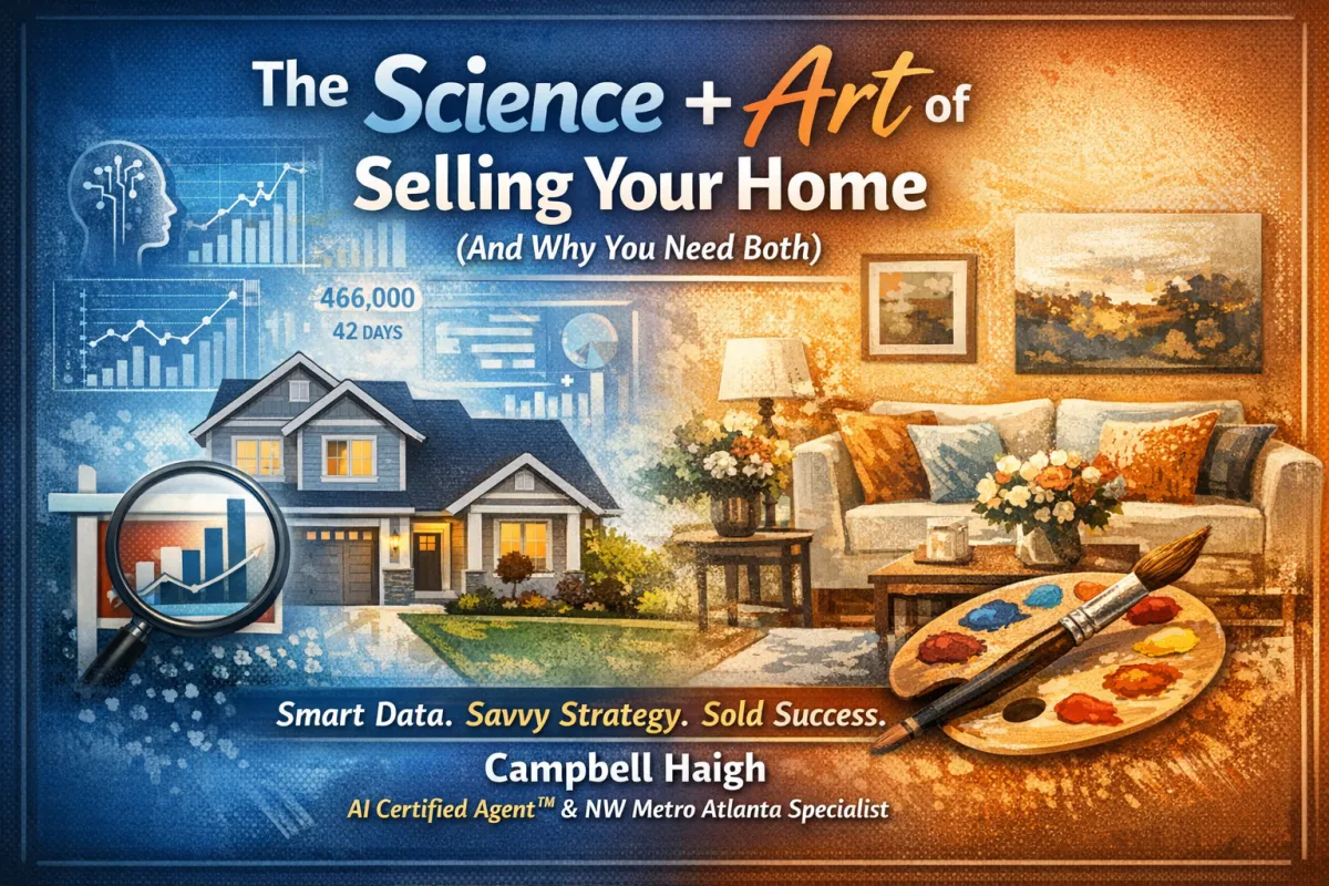 Split-image illustration showing the science and art of home selling: one side features housing market charts, AI data graphics, and a magnifying glass over a home, while the other side shows a warmly staged living room with decorative pillows, artwork, and a paint palette, symbolizing the blend of data-driven strategy and creative presentation in real estate.
