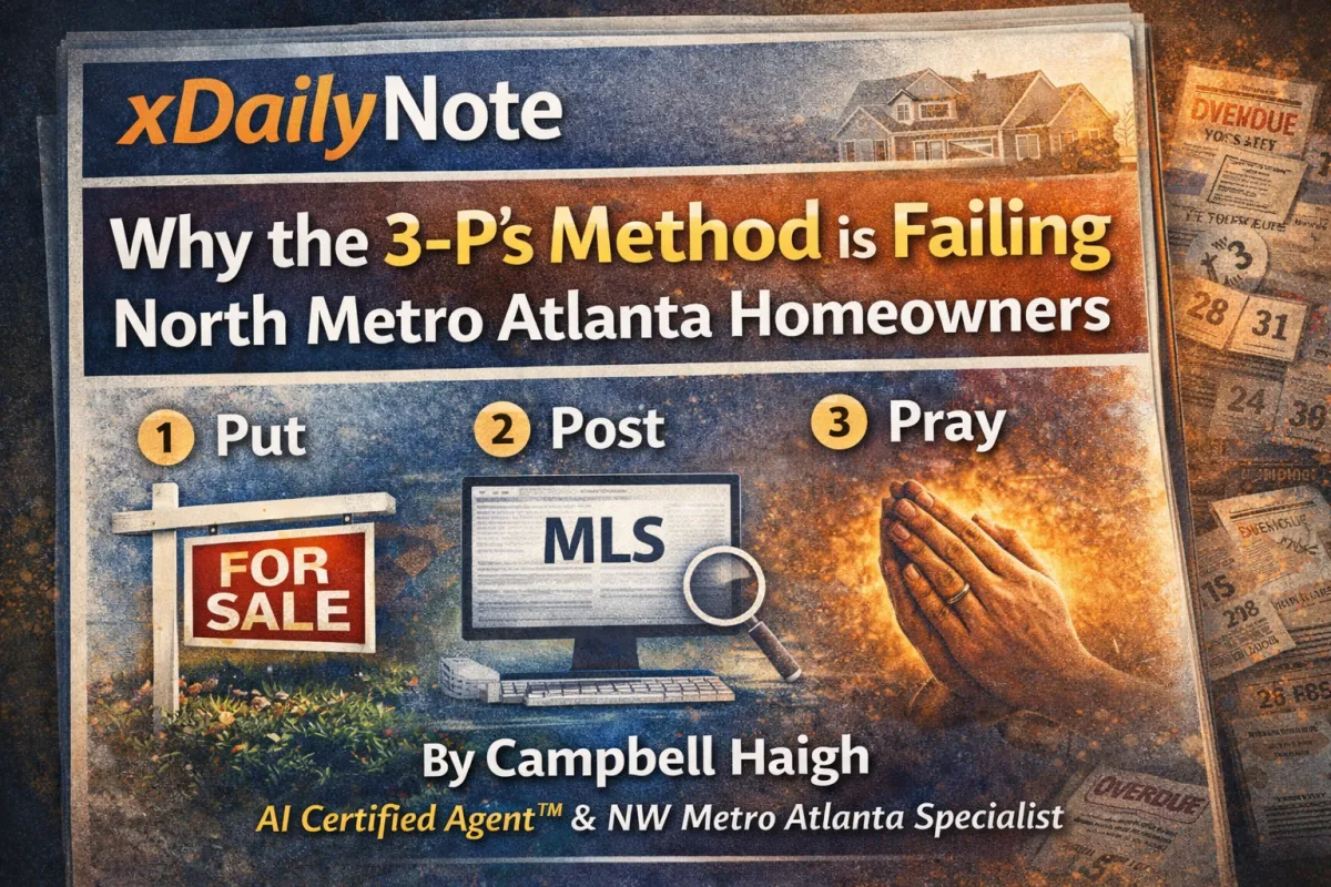 Promotional real estate graphic titled “Why the 3-P’s Method is Failing North Metro Atlanta Homeowners,” featuring three visuals: a yard “For Sale” sign labeled “Put,” a computer screen with MLS listing labeled “Post,” and praying hands labeled “Pray,” symbolizing the outdated passive listing strategy.