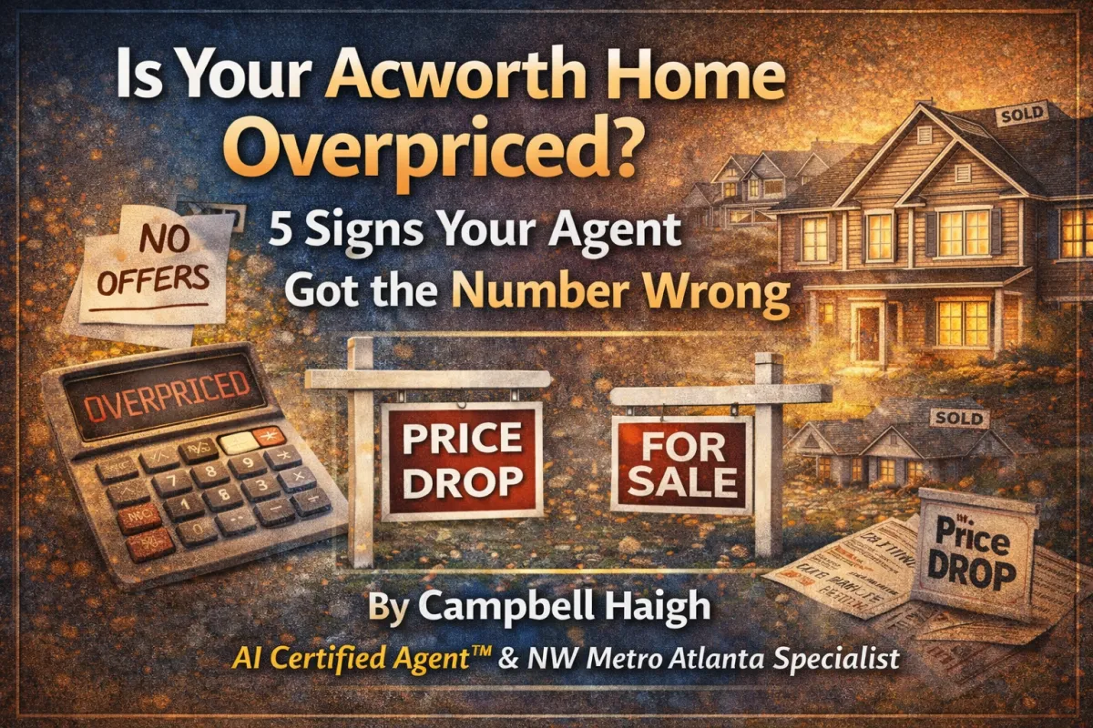 Promotional real estate graphic titled “Is Your Acworth Home Overpriced? 5 Signs Your Agent Got the Number Wrong,” featuring neighborhood homes with “For Sale” and “Price Drop” signs, a calculator labeled “Overpriced,” and a sticky note reading “No Offers,” symbolizing a listing that has been sitting on the market too long.