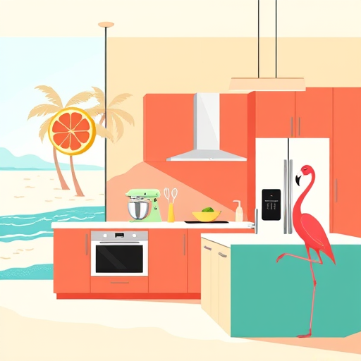 Photorealistic image of custom kitchen cabinets in Pasco County, Florida, blending coastal charm and modern elegance. The luxurious kitchen features sleek, handcrafted cabinetry with a weathered white finish and nautical-inspired hardware, including brushed brass pulls and rope motifs. Quartz countertops with blue-gray veining reflect the sunny Florida environment. Decorative potted tropical plants, such as small palms and succulents, add lively greenery and a beachy vibe. Large windows showcase an outdoor view of lush palm trees swaying in a warm breeze and glimpses of the Gulf coastline, emphasizing the Florida setting. Sunlight streams in, casting natural shadows and creating a welcoming, tranquil atmosphere. Playful details include a vintage-inspired colander used as a bowl holder and a quirky open shelf with colorful ceramic jars featuring whimsical patterns. The light, airy color palette of whites, soft blues, and sandy beiges enhances the calm, breezy coastal ambiance. The photorealistic style highlights textures and reflections, capturing a sophisticated yet inviting upscale coastal kitchen ideal for home improvement inspiration.