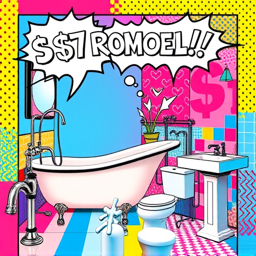 A vibrant pop art-inspired illustration showcasing the top bathroom remodeling companies in Palm Harbor, Florida. The scene features a playful, exaggerated bathroom with oversized faucets, whimsical tile patterns, and sparkling cartoonish water droplets. Bright, dynamic geometric shapes radiate outward, resembling a comic strip panel, highlighting themes of transformation and innovation. Quirky details include exaggerated toolbox characters with big gloves, a mischievous crab holding a paintbrush, and playful soap bubbles with faces floating around. The background depicts an abstract mosaic of colorful tiles with palm tree patterns, sandy tones, and aqua accents to evoke Palm Harbor's coastal vibe. The overall mood is lively, fun, and creative, with bold black outlines, halftone patterns, and contrasting colors characteristic of pop art, perfect for a blog cover about top bathroom remodelers in Florida.