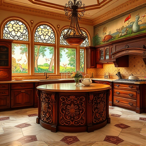 A vibrant Byzantine-style mosaic of a modern kitchen integrated with historic motifs, set against a lush Floridian landscape at sunset. The scene features ornate, gold-accented cabinetry with geometric patterns and swirling tile designs inspired by Byzantine ceramics. Marble countertops with iridescent sheen are decorated with tropical flowers such as hibiscus, orchids, and bougainvillaea, adding vivid colors. Playful touches include fish-shaped tiles in the backsplash and seashell motifs along cabinetry edges, creating a coastal charm. Sparkling reflections suggest a fresh, cost-effective renovation. The background depicts a stylized Gulf of Mexico sunset with soft pinks, oranges, and turquoise waters rendered in Byzantine golds and blues, evoking cheerful elegance and resourcefulness—perfect for highlighting affordable, stylish kitchen remodeling in Palm Harbor, Florida.