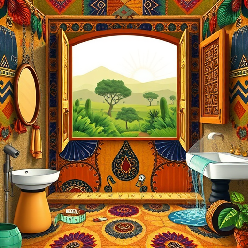 A photorealistic depiction of a cozy, rustic bathroom featuring reclaimed wood accents, vintage brass fixtures, and textured stone tiles. The scene showcases a charming freestanding clawfoot bathtub draped with a soft, slightly ruffled linen towel, nestled among weathered wooden beams. A rustic vanity with open shelving displays vintage glass bottles and woven baskets, while antique soap dishes and potted greenery add character and freshness. Warm, earthy tones—including rich browns, muted greens, and gentle beiges—create an inviting, nostalgic atmosphere. Quirky decorative details such as a collection of ceramic turtles on shelves and a small wall clock with exaggerated hands add personality. A large window with frosted glass floods the room with soft natural light, illuminating textured walls and highlighting the imperfections of reclaimed wood. The background suggests a rustic cabin environment with glimpses of outdoor greenery visible through the window, complemented by handmade touches throughout. Overall, the scene exudes warmth, calmness, and charm, perfect for inspiring creative bathroom remodel ideas with a down-to-earth, rustic aesthetic.