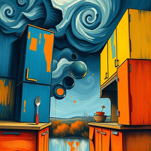 A vibrant cubist-style illustration of a cluttered kitchen scene focused on pest control. The scene features fragmented, geometric representations of kitchen elements such as stylized cabinets, countertops, a sink with angular facets, and scattered food crates, all rendered with bold, intersecting planes. Playful details include exaggerated, multi-faceted mice peeking from behind geometric jars and abstracted pest traps with prominent trap doors, adding humor and personality. Pest characters are depicted as cartoonish shapes with exaggerated features, contrasting with the angular, subdued kitchen environment. The background displays a mosaic of multi-colored tiles and appliances in shades of browns, greens, and yellows, creating a dynamic, energetic atmosphere enhanced by sharp, angular lighting. Subtle elements like a broken cookie jar with crumbs arranged in geometric patterns and a stylized angular fly swatter leaning against a wall further emphasize the playful yet professional theme of proactive pest management. The surreal, cubist kitchen environment combines everyday chaos with geometric harmony, making pest control visually engaging through vibrant color contrasts and angular compositions.