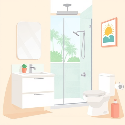 A minimalist modern kitchen in Lutz, Florida, featuring sleek, handleless cabinetry in soft pastel mint green and warm beige tones, accented with subtle brass hardware. White quartz countertops display a whimsical cactus plant in a geometric pot, alongside a vintage-inspired retro orange juicer and a bowl of oversized, colorful citrus fruits. A large, airy window showcases lush greenery and swaying oak trees, casting gentle shadows inside. The backsplash is a smooth, single-color slab with a tiny, playful pattern of pineapples or flamingos in a subtle tone. A minimalist pendant lamp with curved shapes provides warm, inviting lighting. The scene exudes relaxed elegance with cheerful, quirky touches, complemented by an outdoor patio with a modern dining set and tropical plants, capturing the Florida vibe. The art style features flat color blocks, delicate linework, and an airy composition in a pastel palette of mint, coral, pale yellow, and sandy beige, evoking warmth, freshness, and sophisticated approachability.