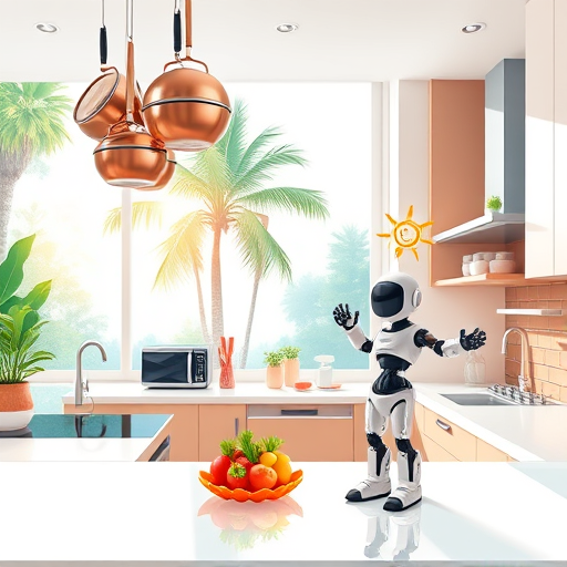 A photorealistic, charming small kitchen featuring a cozy yet efficient layout. Open wooden shelves display colorful jars, spice containers, and small potted herbs adding lively green accents. The sleek countertop holds a modern knife block, a cheerful fruit bowl with ripe citrus fruits, and a quirky egg-timer-shaped clock, enhancing playful personality. Bright tiled backsplash with subtle geometric patterns in warm tones complements the pastel color palette of soft yellows, mint greens, and blush pinks, creating an inviting, cheerful atmosphere. Sunlight streams through a window, casting playful shadows on utensil hooks, storage baskets, and a vintage-style coffee maker, highlighting organized simplicity. Details like a tiny chalkboard for grocery lists, a colorful dish towel, and a whimsical measuring cup set add fun, quirky charm. The scene exudes calm efficiency, inspiring viewers to see their small kitchens as cozy, organized spaces full of personality and warmth.