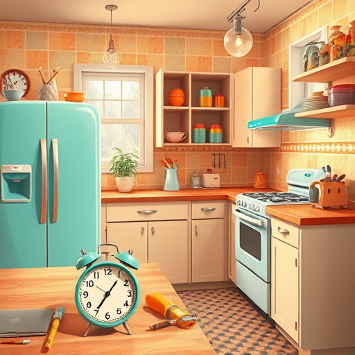 A vibrant, abstract Cubist-style illustration of a modern kitchen remodel featuring geometric shards and fragmented perspectives. The composition showcases stylized kitchen elements such as a reimagined oven and stove with multiple viewpoints, colorful cabinets with exaggerated handles, and a fractured countertop with playful vegetables and utensils scattered across angular surfaces. Bright walls in teal, yellow, and coral with layered facets create an energetic, cheerful atmosphere symbolizing renewal. An oversized, fragmented faucet with geometric water droplets and a bold, abstract range hood add whimsical touches. In the background, stylized window panes reveal sunlight and leafy greenery, emphasizing freshness and creativity. The scene captures the dynamic movement and innovative spirit of a transformative kitchen remodel through playful, sophisticated Cubist art.