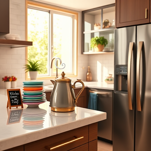 An abstract, colorful representation of kitchen remodel contractors in Dunedin, Florida, inspired by ColorFieldPainting style. The image features large blocks of turquoise and yellow hues symbolizing coastal ambiance and energy. In the foreground, geometric shapes suggest tools like hammers, paint rollers, and blueprints, with playful details such as a smiling crab on a paint can and a palm tree silhouette in a tile pattern, reflecting local environment. The background includes a stylized Florida sky with gradients of coral and lavender, alongside a modern kitchen silhouette with clean lines and open shelves, indicating renovation themes. Light brushstrokes and overlapping colors create a sense of movement and transformation, emphasizing craftsmanship, local flavor, and the welcoming spirit of home improvement in coastal Florida. The presence of small details like a flip-flop logo on a cabinet handle and citrus fruit patterns in the backsplash enhance the vibrant, optimistic atmosphere.