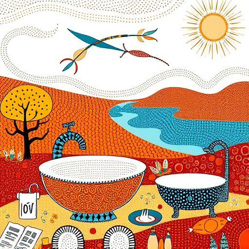 An Aboriginal art-inspired illustration depicting a whimsical kitchen scene focused on fixing a leaky faucet. The scene features a large, ornate sink with swirling wave and rainfall patterns symbolizing water and repair. Surrounding the sink are abstract motifs of tools—wrenches, pliers, and screwdrivers—embedded in flowing, rhythmic patterns reminiscent of traditional Aboriginal line work, creating a sense of movement and harmony. The faucet is decorated with dot painting accents, with its spout arcing like a winding river and tiny, colorful polka-dot droplets indicating a leak. Playful details include a cartoonish kookaburra perched nearby and a group of stylized insects arranged in a yarning circle, adding character without human figures. The earthy red ochre background features textured dot patterns, with stylized trees and rocks decorated with cross-hatch and concentric circle motifs, evoking a serene natural environment. A rhythmic border surrounds the scene, enhancing its cultural richness. The overall composition employs warm reds, deep browns, bright yellows, and contrasting blues in flat, layered Aboriginal art style, celebrating ingenuity, nature, and artistic storytelling.