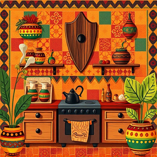 A hyperrealistic image of a modern luxury kitchen featuring polished marble countertops with deep blue veining and gold accents that reflect light. The space includes matte black cabinets, minimalist brass hardware, and an expansive central island with a built-in wine cooler. Overhead, intricate handcrafted pendant lights cast a warm glow. A vintage-inspired toaster with colorful graffiti-style patterns adds playful contrast among sleek, high-tech appliances. In the background, large panoramic windows reveal a lush garden with sculpted topiaries and a sparkling infinity pool, illustrating seamless indoor-outdoor living. Soft, diffused sunlight creates a calm and inspiring ambiance, emphasizing elegance and tranquility. Decorative elements such as textured ceramic vases and colorful glass-fronted cutting boards contribute artisan detail and personality. The scene captures every gleam, texture, and reflection, highlighting rich navy, gold, black, and warm neutrals that evoke sophistication and comfort, making it ideal for a blog cover on upscale kitchen renovation ideas.